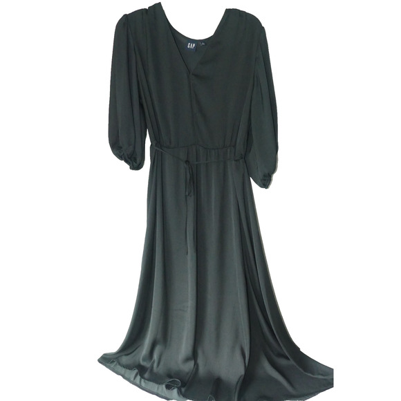 Gap Women's Large Tall Black Silky Dress Maxi V-Neck Cinch Waist Blouson Sleeve - Picture 1 of 10